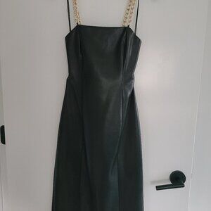 ALICE + OLIVIA Fifi Gold Chain Strap Vegan Black Leather Midi Dress Size 0